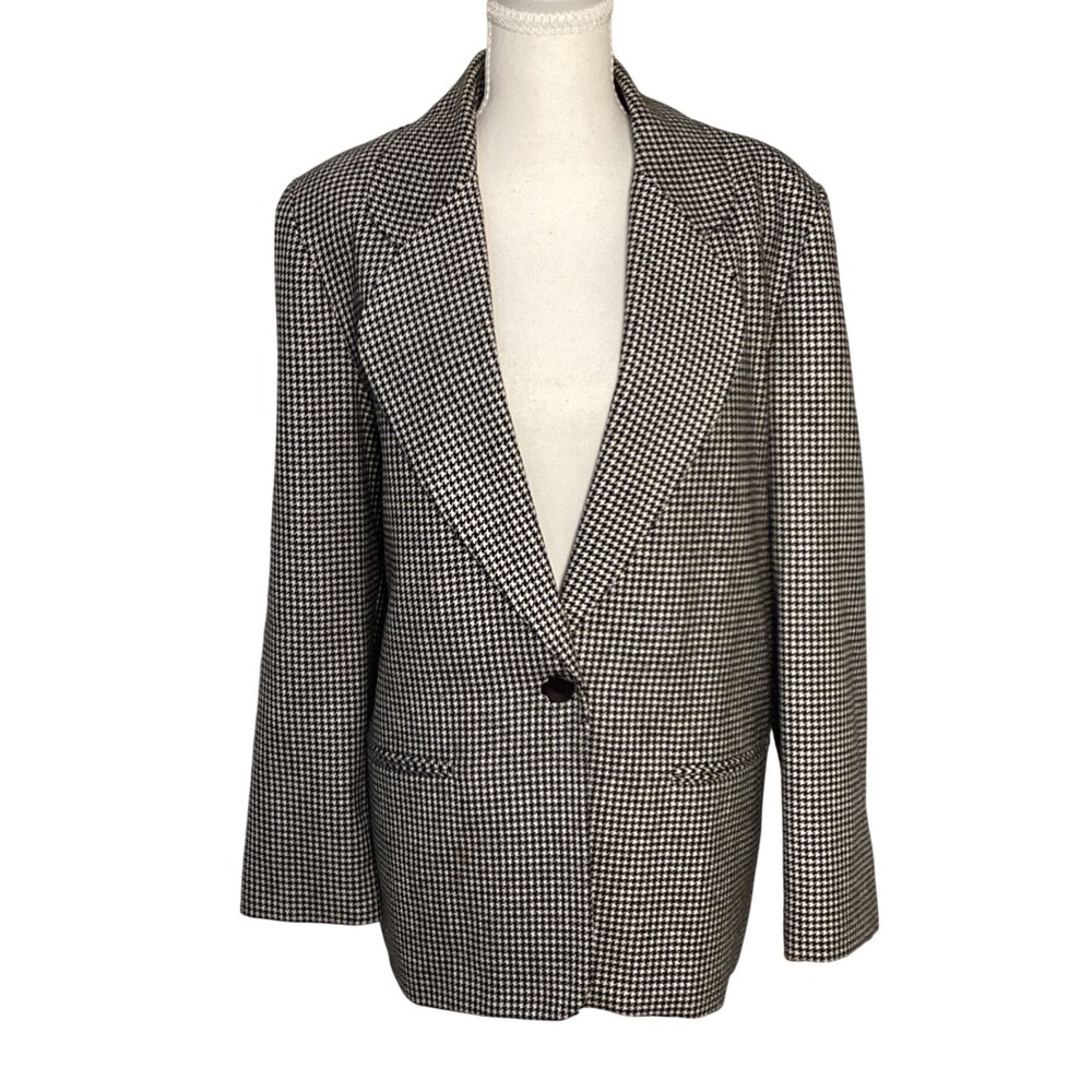 Leslie Fay Houndstooth Blazer Women 10 Black White Vintage Wool Dark Academia